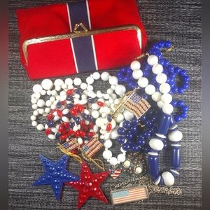 Patriotic Vintage Clutch With Red White Blue Jewelry Lot